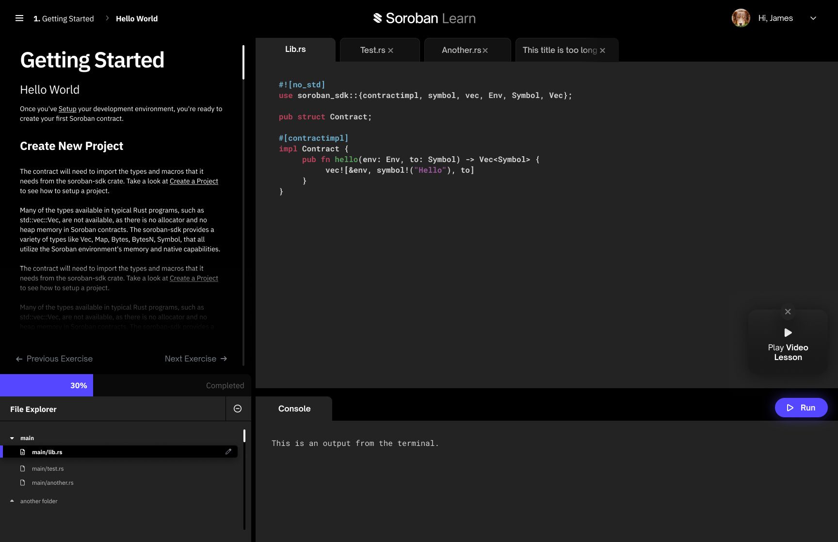 Soroban Learn lesson view with instructions, a code editor and a console