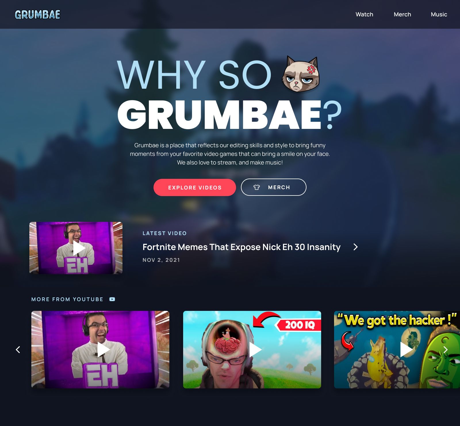 Grumbae homepage with the latest video and a row of YouTube clips