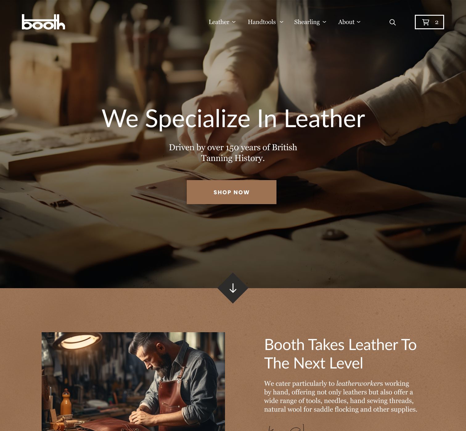 Booth & Co homepage reading We Specialize In Leather over a workshop photo