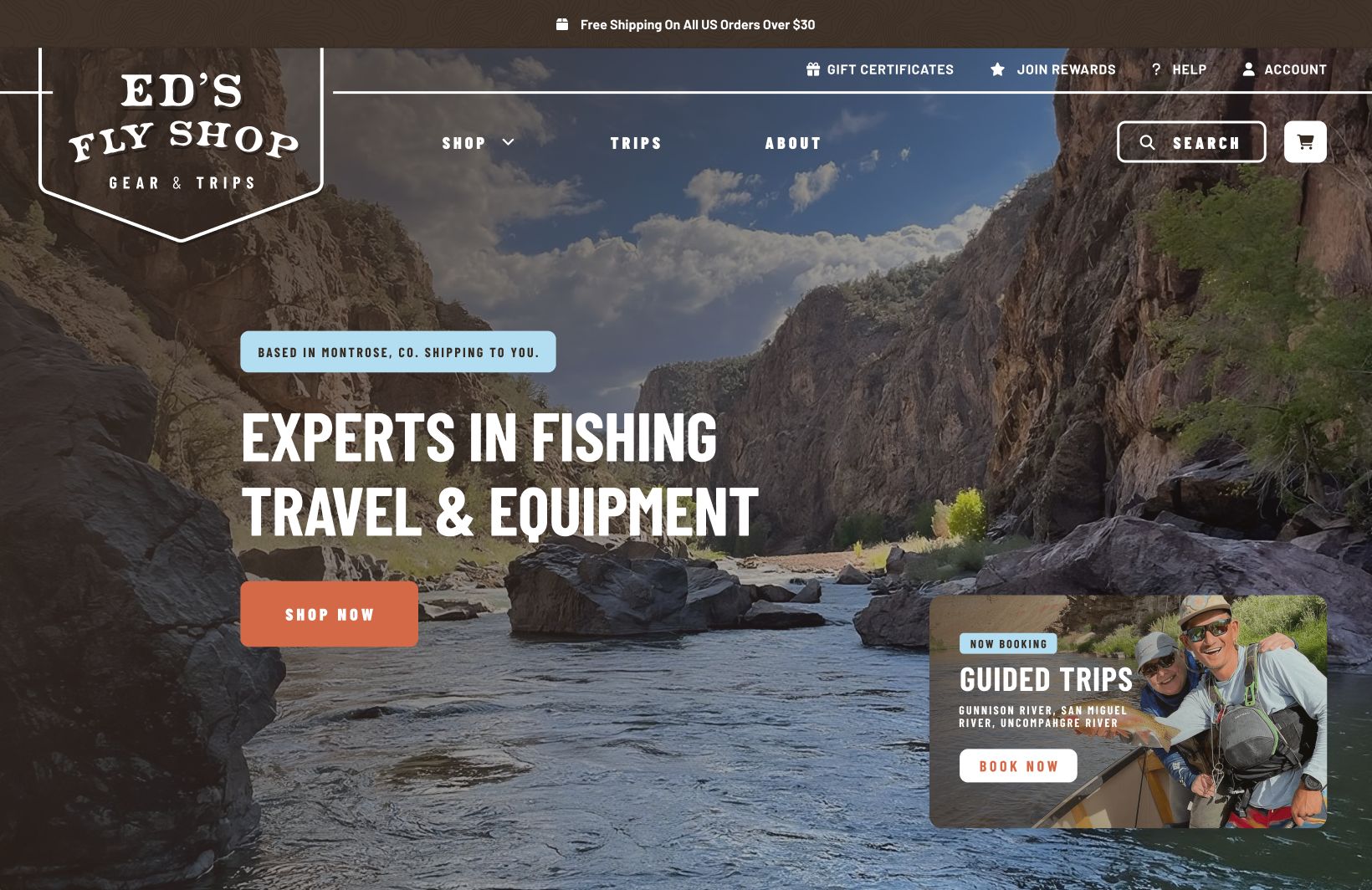 Ed's Fly Shop homepage with a canyon river photo and a guided trips card